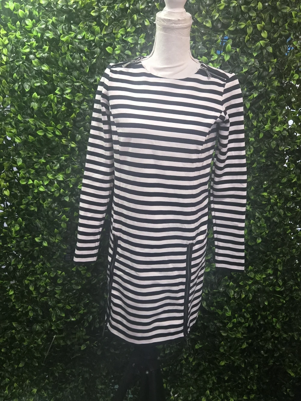 Michael Kors Black and White Striped Long-Sleeve Mini Dress